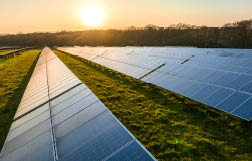 Solar power farm in the evening, West Sussex, UK.