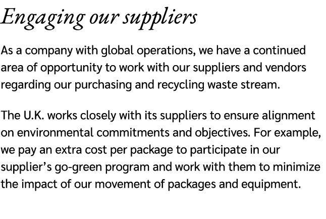 Engaging our suppliers As a company with global operations, we have a continued area of opportunity to work with our ...