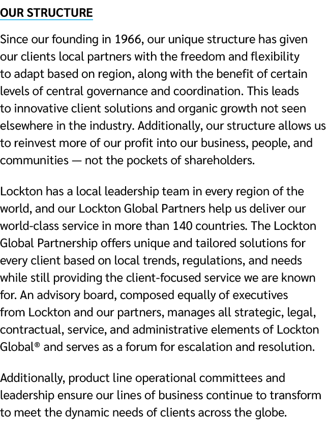 OUR STRUCTURE Since our founding in 1966, our unique structure has given our clients local partners with the freedom ...
