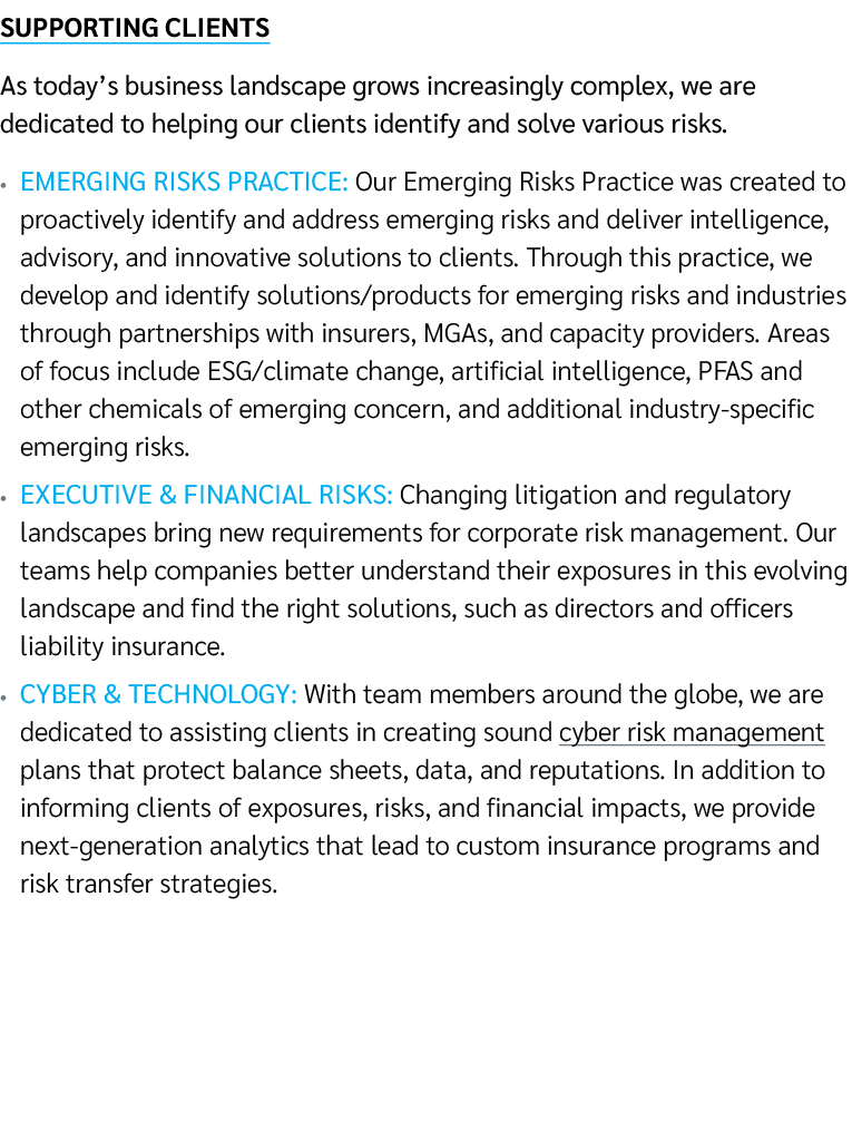 SUPPORTING CLIENTS As today’s business landscape grows increasingly complex, we are dedicated to helping our clients ...