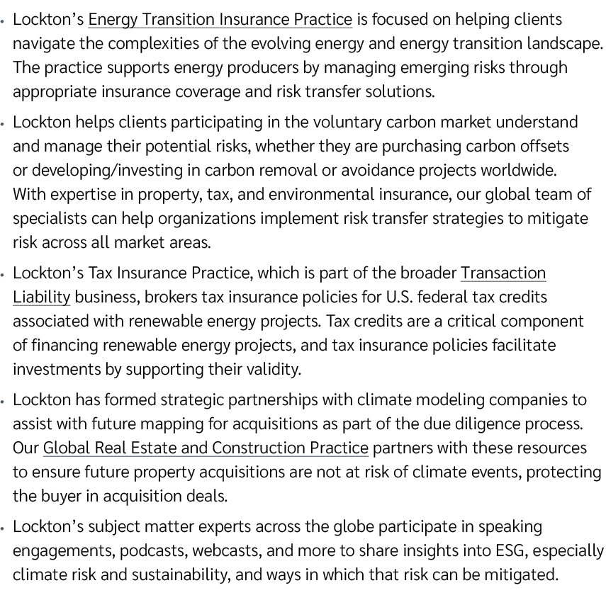 • Lockton’s Energy Transition Insurance Practice is focused on helping clients navigate the complexities of the evolv...